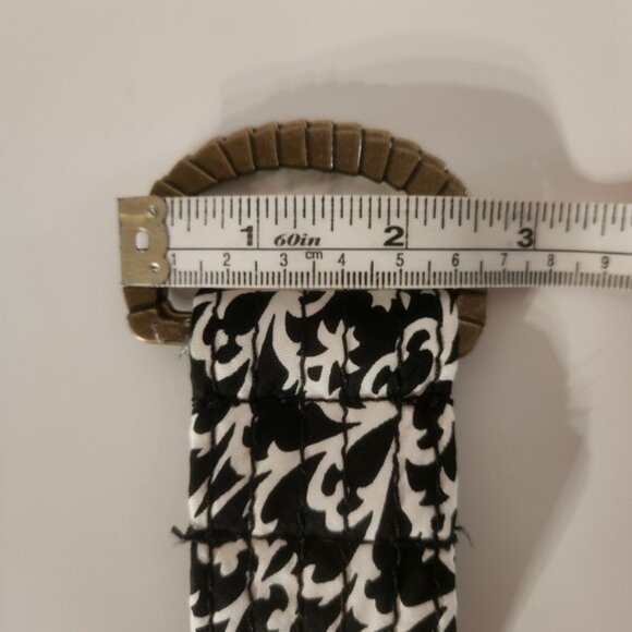 J Crew y2k 100% Silk Belt Black White Damask Print Gold Tone D Ring Buckle - Picture 6 of 6